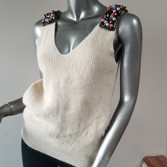 Cute  tan knitted vest with colourful beading on shoulder - Picture 2 of 3